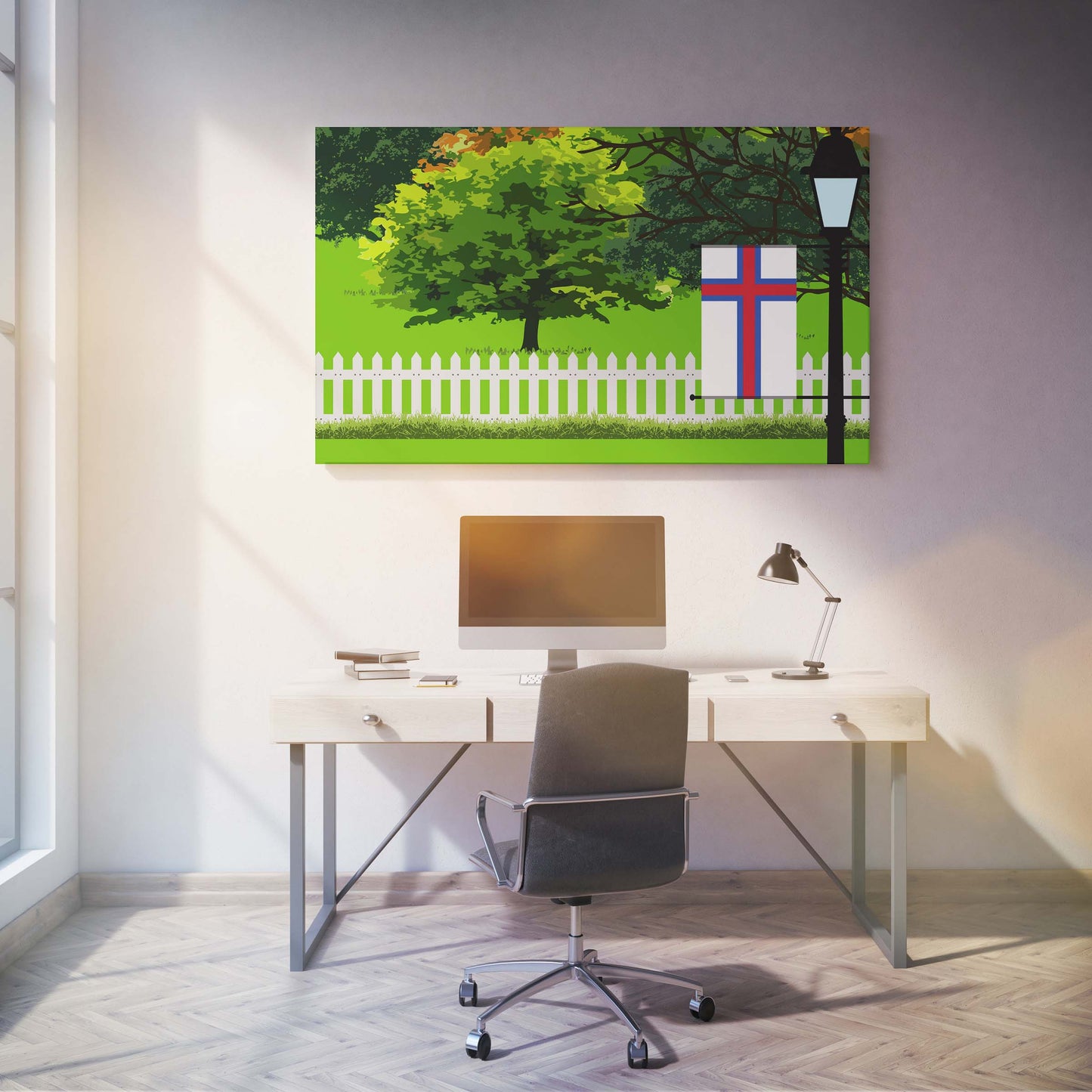 Faroe Islands Trees Street Lamp Canvas Print Framed