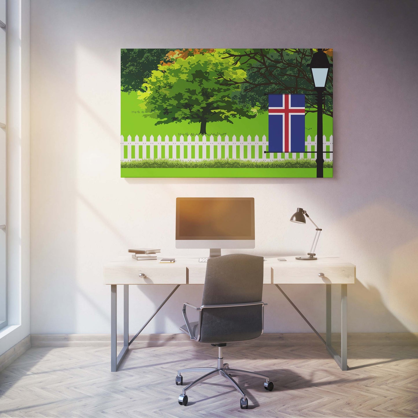 Iceland Trees Street Lamp Canvas Print Framed