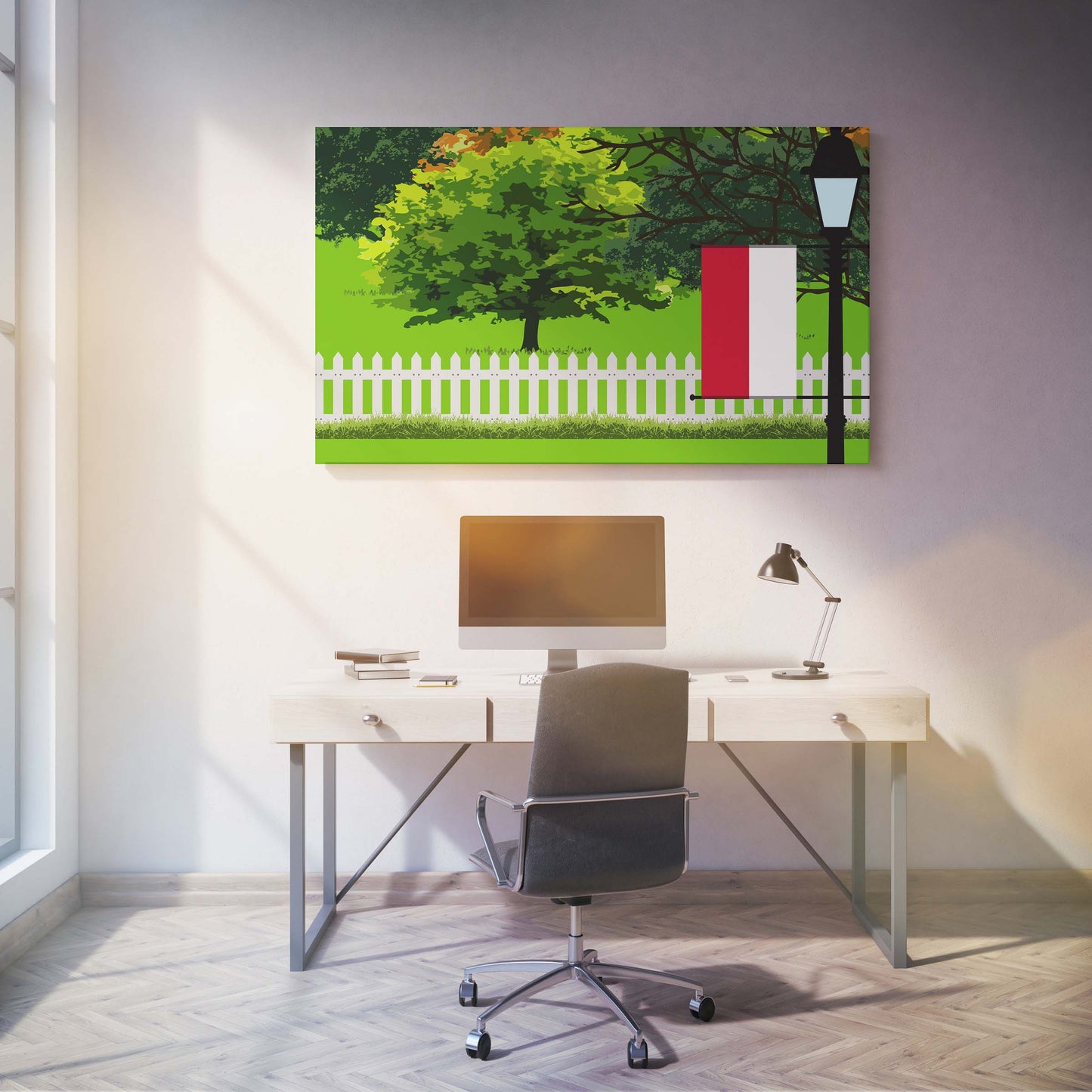 Monaco Trees Street Lamp Canvas Print Framed